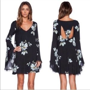 Free People Wanderer Floral Mini Bell Sleeve Dress Small Women’s Black Blue